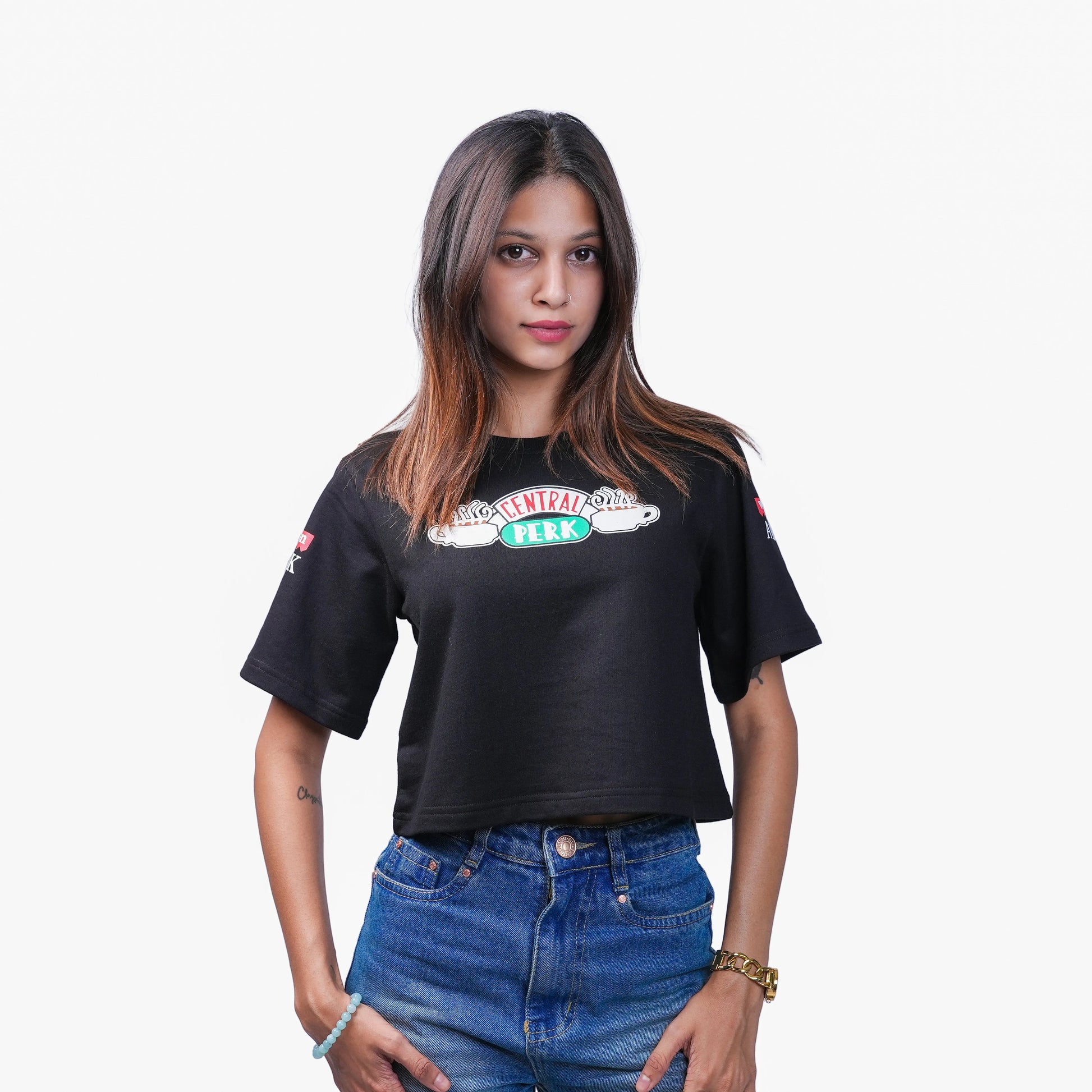 Central Perk  Oversized Cropped Tee wore by women.