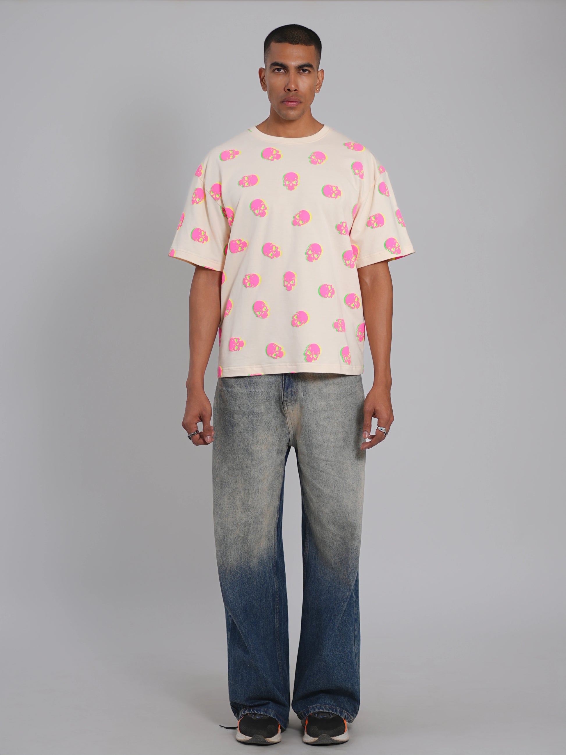 Neon Skull Illusion Puff Oversized Tee - Tactlifestyle 