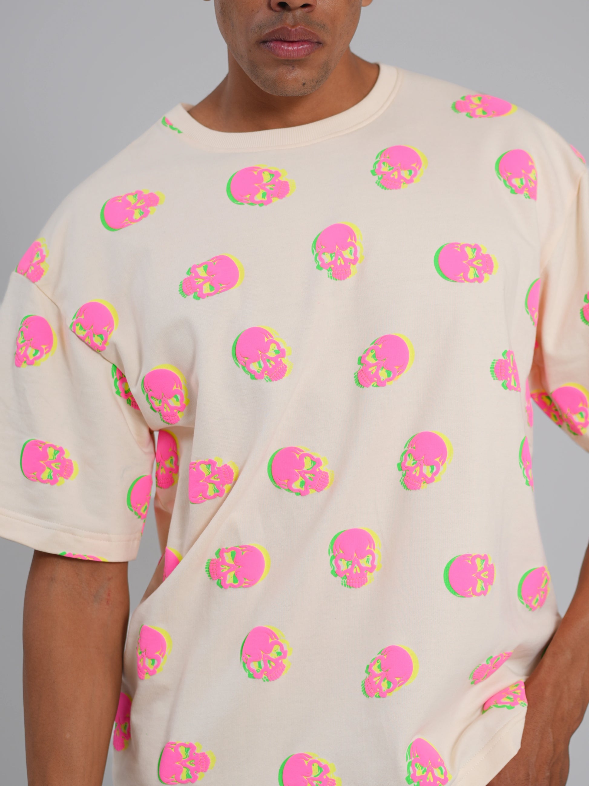 Neon Skull Illusion Puff Oversized Tee - Tactlifestyle 