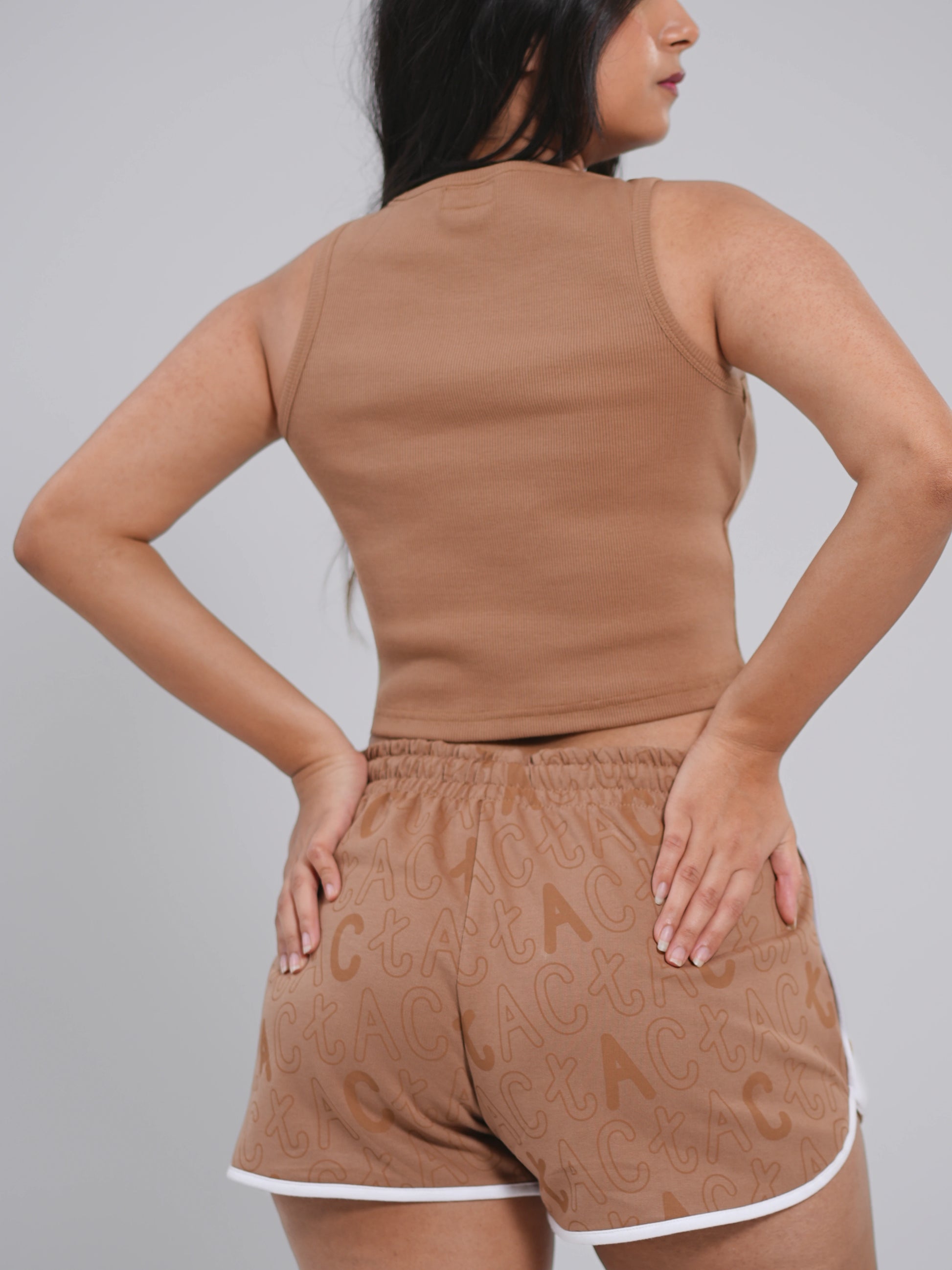 Ribbed Top & Signature Shorts Co-Ord Set – Beige - Tactlifestyle 